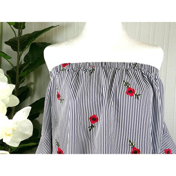 Betsy Johnson Women's Size 16 Off the Shoulder Blue Stripe Ruffle Dress Flowers - Picture 3 of 7